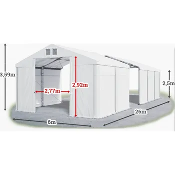 Zahradní stan Skladový stan 6x26x2,5m střecha PVC 560g/m2 boky PVC 500g/m2 konstrukce ZIMA PLUS Bílá Bílá Bílá