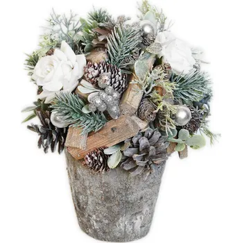 Vánoční dekorace Aranžmá šišky/růže v22cm natural/bílá (545807)