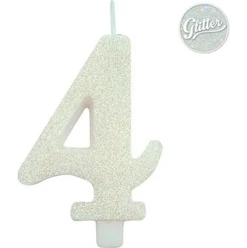 Dortová svíčka Svíčka číslo 4 bílá s glitrem 9,5 cm gi50804