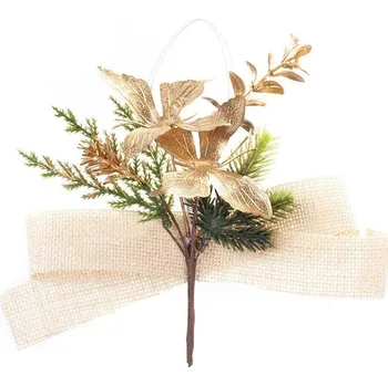 Vánoční dekorace Vetvička MagicHome Vianoce, s motýlmi a jutovou stuhou, zlatá, 19 cm