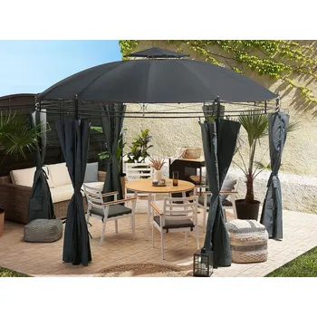 Zahradní altán zahradní altán tmavě šedý ovál 368 cm se závěsy, ocelový rám Beliani