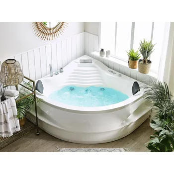 Vana Vana Bílá akrylová rohová 145 cm s LED osvětlením hydromasážní vodní a vzduchové trysky moderní opěrky hlavy Beliani