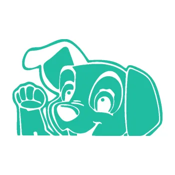 Polep vozidla Pes 177 levá mává z auta (25 - tyrkysová) SAMOLEPKA NA AUTO, NÁLEPKA, FÓLIE, POLEP, TUNING, VLASTNÍ TEXT, TISK, AUTOSAMOLEPKY.cz, POLEPY, OBRÁZEK, LOGO, 3D STICKERS