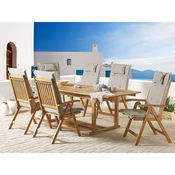 Zahradní sestava Zahradní jídelní sada 6místná židle a stůl akáciové dřevo taupe polštáře rustikální styl balkon terasa zahrada Beliani