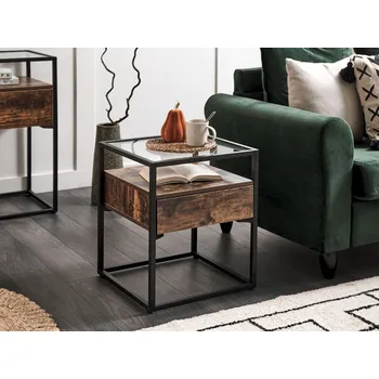 Obývací pokoj Odkládací stolek tmavé dřevo černá skleněná deska 1 zásuvka kovový rám úložný prostor obdélníkový moderní design Beliani