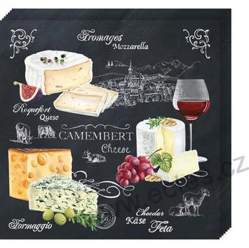 Papírový ubrousek Easy Life WORLD OF CHEESE černé papírové dezertní ubrousky se sýry, vínem, olivami a nápisy 20 ks