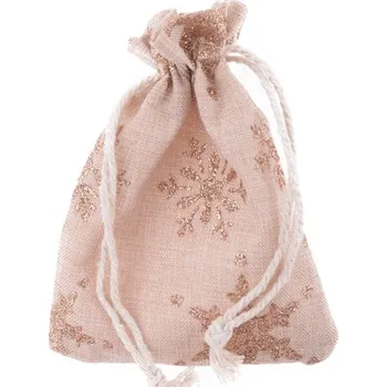 Vánoční dekorace Pytlík lněný stahovací 15x20cm, béžový s vločkami