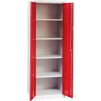Úklidová, kovová skříň, v x š x h: 1800 x 600 x 500 mm, 4 police, barva šedá RAL7035 / červená RAL3020