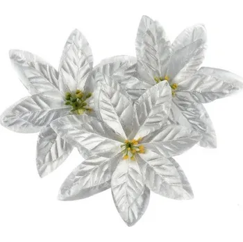 Vánoční dekorace Vánoční růže 14 cm, stříbrná textilní dekorace, květina
