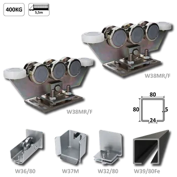 Pohon brány Samonosný systém 80x80x5 mm pro posuvné brány do 400 kg / 5,5 m otvor (W39/80Fe 6 m černý profil, 2x W38MR/F, 1x W36/80, 1x W37/M, 1x W32/80)