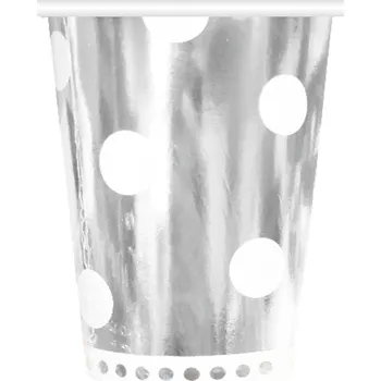 Party dekorace Papírové kelímky B&C Puntíky, stříbrné, 266 ml, 6 ks