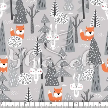 Zakázkový tisk, softshell, kočárkovina... Liška a zajíc v lese na šedé Látky k tisku: Fleece