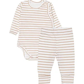 Kojenecká souprava Zavinovací žebrované body + tepláčky, 2D sada Proužek, béžové, Velikost koj. oblečení 56 (1-2m)