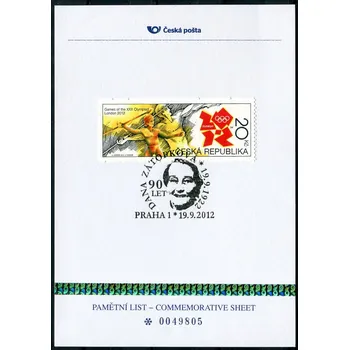 Poštovní známka Česká pošta (2012) PLZ 22 - Pamětní list - Praha 1: Dana Zátopková