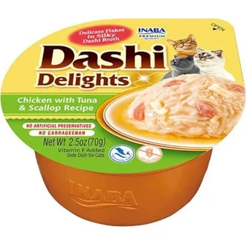 Pamlsek pro kočku Inaba Dashi Delights kuře s tuňákem a hřebenatkou 70g