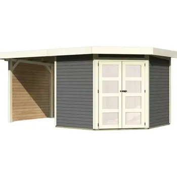 Zahrada LANIT PLAST Dřevěný domek KARIBU GOLDENDORF 5 + přístavek 240 cm včetně zadní a boční stěny (78253) terragrau LG3887
