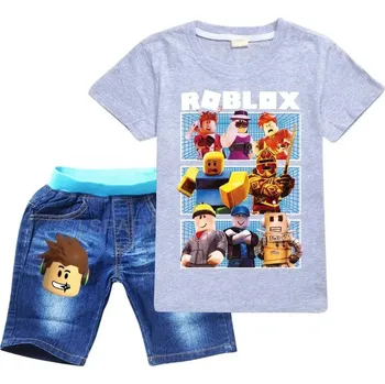 Letní set ROBLOX tričko krátký rukáv + džínové kraťasy (mix barev) Barva: Šedá, Velikost: 170