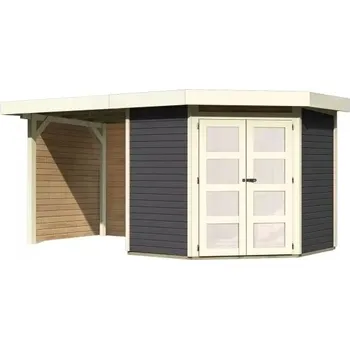 Zahradní stavba LANIT PLAST Dřevěný domek KARIBU GOLDENDORF 3 + přístavek 240 cm včetně zadní a boční stěny (78245) terragrau LG3881