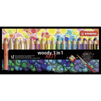 Výtvárné potřeby STABILO woody 3 in 1 ARTY pastelky - sada 18 ks, ořezávátko a štětec