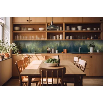 Fototapeta DIMEX | Fototapeta do kuchyně Zamlžený les KI-420-194 | 420 x 60 cm | zelená, černá, šedá + Samolepicí fototapeta za kuchyňskou linku DIMEX Zamlžený les v šíři 420 cm