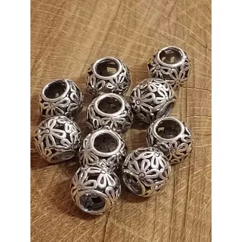 Korálek Kovové korálky s velkým průvlekem 9x11 mm kytičky barva platina