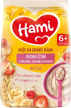 Dětská kaše Hami Mléčná ovesno-žitná kaše na dobré ráno 210 g maliny/jahody/banán