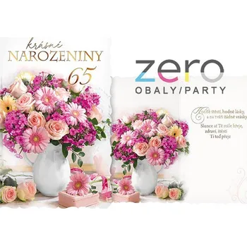Přání s textem narozeninové 65 + obálka - kytice ve váze