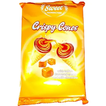 Oplatky Crispy Cones s krémovou náplní a toffee příchutí 130 g (Křupavý oplatek plněný krémovou náplní s toffee příchutí a mléčnou čokoládou 130 g)