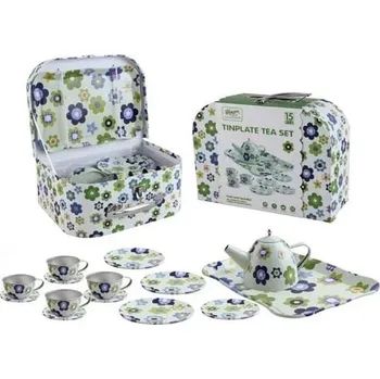 nádobí do dětské kuchyňky Čajový set kovový v kufříku Tinplate Tea Set 15 ks zelený/květiny
