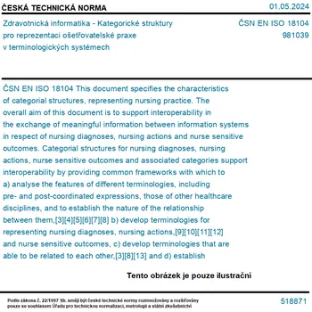 ČSN EN ISO 18104 - Zdravotnická informatika - Kategorické struktury pro reprezentaci ošetřovatelské praxe v terminologických systémech - Tisk