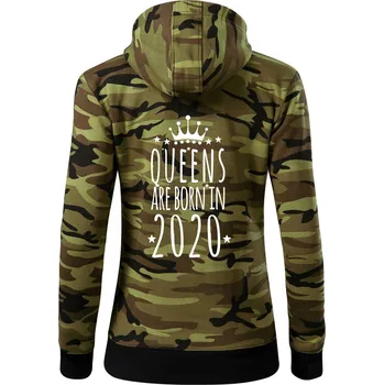 Dámská mikina Queens are born in 2020 - Dámská mikina trendy zipper s kapucí - XS ( Zelený maskáč )