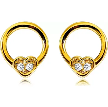 Náušnice Diamantové náušnice ze žlutého 585 zlata - kontura kroužku s malým srdcem, kulaté brilianty