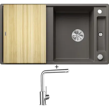 Granitový dřez Granitový dřez SET Blanco AXIA III 5 S šedá vulkán s excentrem + dřevěná krájecí deska 527223 + Blanco MILA chrom 519414