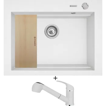 Granitový dřez Granitový dřez SET Pyramis SIROS (67x51,5) 1B bílá + dřevěná krájecí deska + Pyramis FIDO bílá