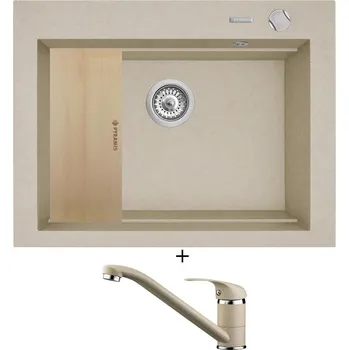 Granitový dřez Granitový dřez SET Pyramis SIROS (67x51,5) 1B béžová + dřevěná krájecí deska + Pyramis ASALIA béžová