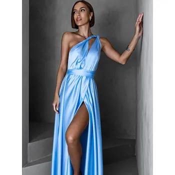 Dámské šaty Světle modré saténové šaty VALERDI s variabilním vázáním a rozparkem Velikost: ONESIZE