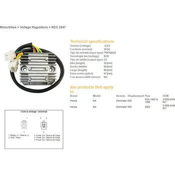 Elektroinstalace pro motocykl DZE REGULÁTOR NAPĚTÍ HONDA NX 650 DOMINATOR '95-'99; '02 (31600-MAN-621) (35A)