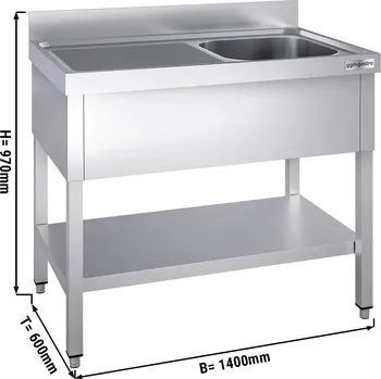 Nerezový dřez G.Gastro Mycí stůl PREMIUM z nerezové oceli - se spodní policí - 1,4 m - 1 dřez vpravo - D 50 x Š 40 x H 25 cm