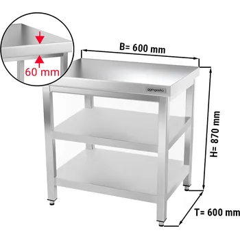Jídelní stůl G.Gastro Pracovní stůl PREMIUM z nerezové oceli - 0,6 m - se spodní policí & mezipolicí