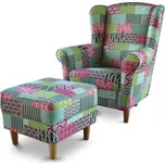 Křeslo ušák s taburetem Astrid látka patchwork M1