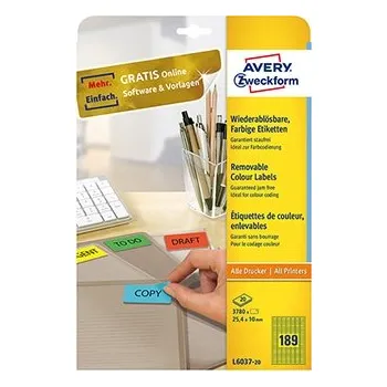 Speciální papír Avery Zweckform etikety 25.4mm x 10mm, A4, žluté, 189 etiket, mini, snímatelné, baleno po 20 ks, L6037-20, pro laserové a inkousto