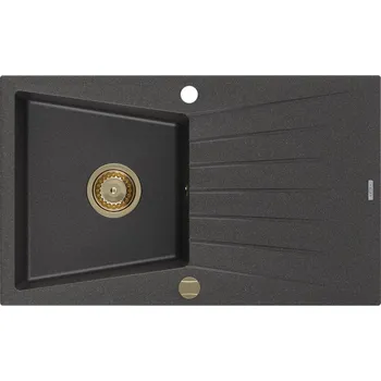 Granitový dřez Mexen Cesar jednodřez granit s odkapem 775x470, melír černý, zlatý sifon 6514771010-76-G