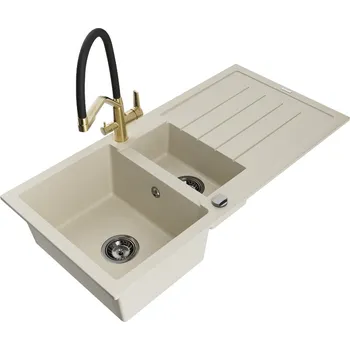 Granitový dřez Mexen Andres 1,5 granit dřez s odkapem a baterií Duo, béžová 6515-69-671701-57-B