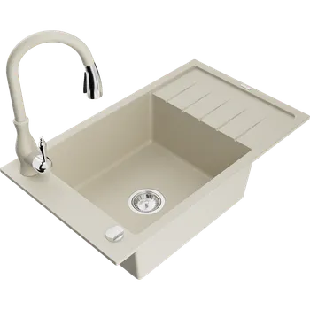 Granitový dřez Mexen Elias granitový dřez 1-komorový s odkapávačem a kuchyňskou baterií Savita, béžový - 6511-69-672601-69 Granitové dřezy s baterií