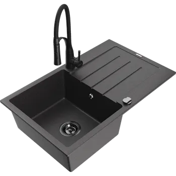 Mexen Bruno granitový dřez 1-komorový s odkapávačem a kuchyňskou baterií Aster, černý skvrnitý - 6513-76-73450-70-B Granitové dřezy s baterií