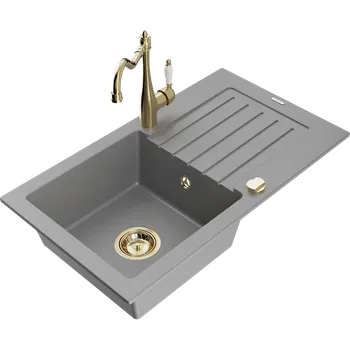 Granitový dřez Mexen Pablo žulový dřez 1-komorový s odkapávací plochou a kuchyňskou baterií Carla, šedý - 6510-71-670700-50 Granitové dřezy s baterií