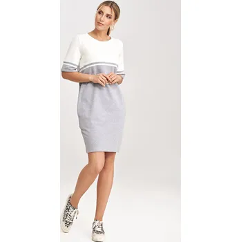Dámské šaty Šedo-smetanové šaty s krátkým rukávem M1028 Grey-ecru Velikost: 2XL