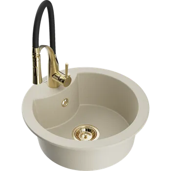 Granitový dřez Mexen Diego granitový dřez jednodřezový s kuchyňskou baterií Aster, béžový - 6512-69-73450-57-G Granitové dřezy s baterií