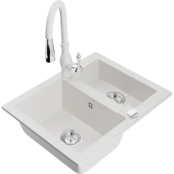 Granitový dřez Mexen Carlos granitový dřez 1,5-komorový s kuchyňskou baterií Savita, bílý - 6518-20-672601-20 Granitové dřezy s baterií