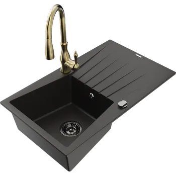 Granitový dřez Mexen Cesar žulový dřez 1-komorový s odkapávačem a kuchyňskou baterií Savita, černý/zlatý metalický - 6514-75-672601-50-B Granitové dřezy s baterií